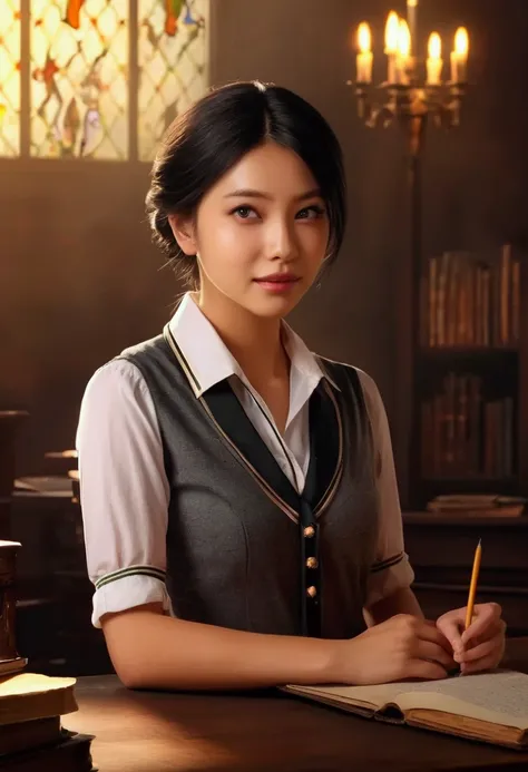 (hogwarts academy) a cute young female substitute magic  teacher in her 20s, unbuttoned blouse, short skirt, delicate magical emblems, sitting on her desk, legs crossed gently kicking no panties, neatly trimmed pubic hair, breasts dangling with no bra, abs...