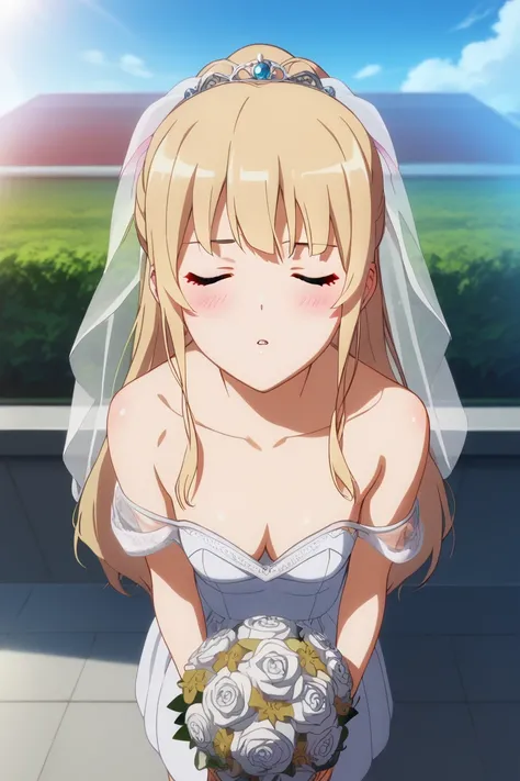 1girl,Eriri blonde hair,blue eyes,sawamura spencer eriri,long hair,  small breast,      High Resolution, Masterpiece, High Quality,  anime screencap,  dynamic angle, takeda hiromitsu style,      blushing, looking at viewer, wedding dress, wedding veil, off...