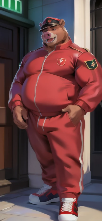 Solo, male Tall​ ,huge​ body​,​ Standing ,barrack,big pig bear ,red Tracksuit soldier , Wear combat shoes, overweight, muscular, Sexual Emotions , by chunie