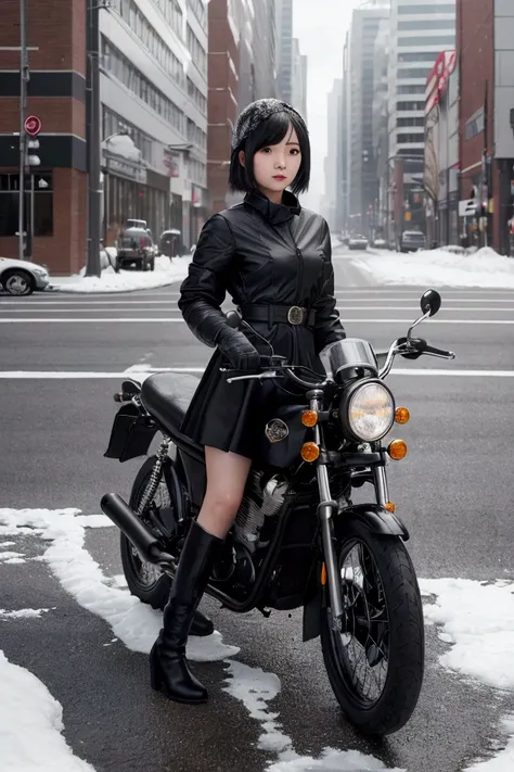 masterpiece, best quality, high quality, detailed, ultra detailed, woman, glaring, riding motorcycle, looking up, bob, bangs pinned back, hair over one eye, diagonal bangs, ahoge, black hair, black eyes, big eyes, slender, lanky, raincoat, mini skirt, spat...