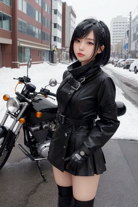 masterpiece, best quality, high quality, detailed, ultra detailed, woman, glaring, riding motorcycle, looking up, bob, bangs pinned back, hair over one eye, diagonal bangs, ahoge, black hair, black eyes, big eyes, slender, lanky, raincoat, mini skirt, spat...