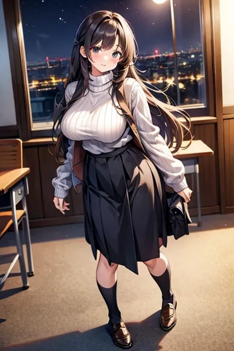  Female Teacher、Big Breasts、    long hair、   sweater 、    skirt、    night classroom、     full body shot  