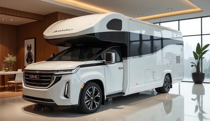 Fornt is the luxurious white GMC motorhome camper displayed in a high-end showroom setting. Let me know if you need further adjustments!

