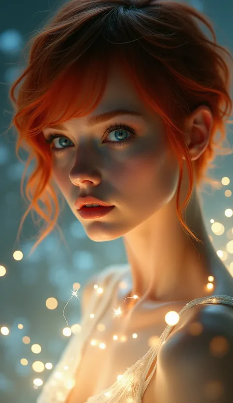 Photograph of Light Particles ,   soft lighting  ,   volumetric lighting  ,   A young woman , single,   red hair ,   Short Hair , Blue eyes,   long eyelashes  ,  thick eyelashes,  watching the scenes ,