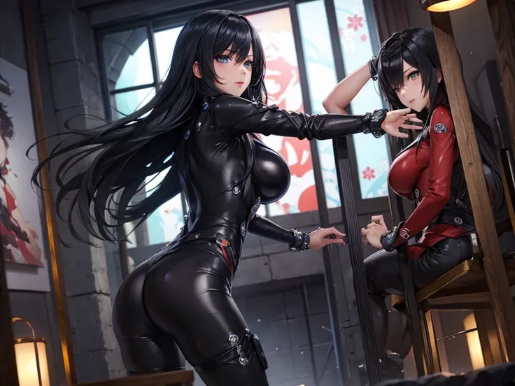 2 girls, Alone, standing,  seen from behind, culo perfecto,  looking at the spectator , manos perfectas,  big breasts ,slender,shimohira reika,  Black hair, long hair, Shiny hair , body, , masterpiece ,noise reduction, perfect anatomy , high resolution,  u...