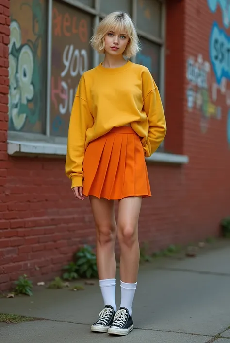 ((old photo)).  a girl, pale skin,   green eyes, short and silky blonde hair  ,   big legs  ,   big boobs,   big ass.  She wears a mustard yellow sweatshirt  ,   an orange pleated skirt  ,   white socks and black Converse sneakers.  He stands on his back w...