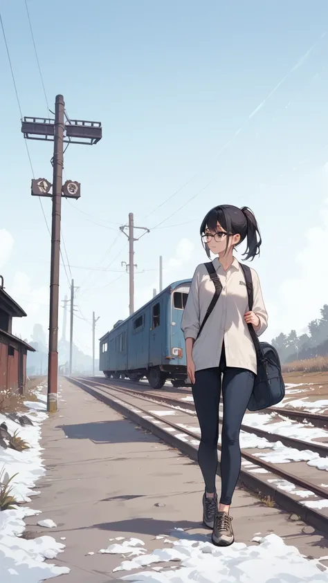 Black hair, glasses, ponytail, hiking, abandoned railway line,