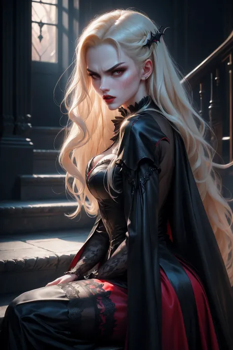 (beautiful vampire woman, pale skin, very long blonde hair, (red eyes), angry face, vampire fang, black gown, black victorian dress, piercing look, red lipstick, 4k, 8k, highres, masterpiece:1.2, ultra-detailed, realistic, photorealistic:1.37, HDR, UHD, st...