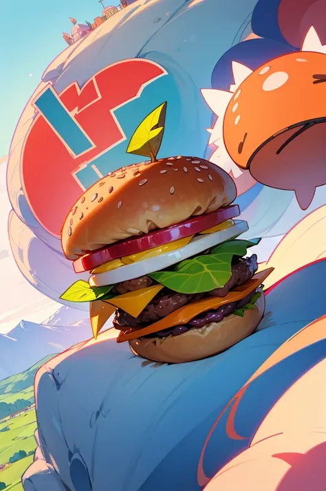  Super big flying burger,  More , than mountain , red, fairy tale world, Cute design,  Rich and vibrant colors 