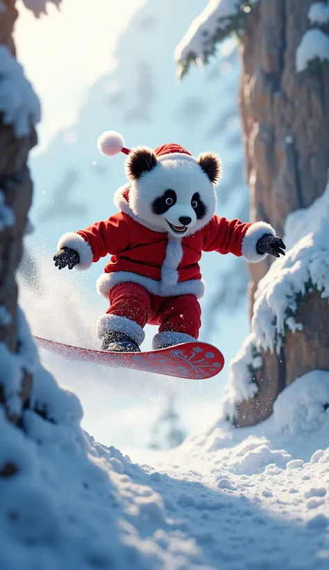 Realistic. Photorealistic. Image is vibrantly colored.
photo,Highly detailed

Expressive style. Photorealistic depiction of a baby panda Santa Claus snowboarding down a mountain canyon covered in snow and ice.
Baby panda Santa is dressed in a classic red s...