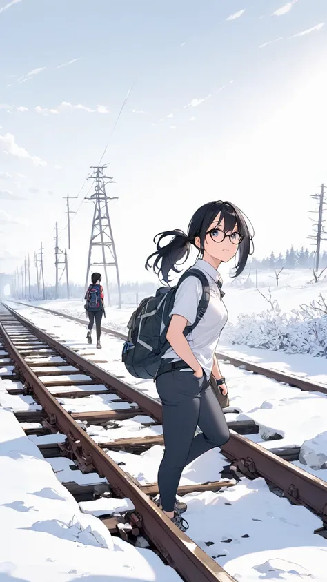 Black hair, glasses, ponytail, hiking, abandoned railway line,