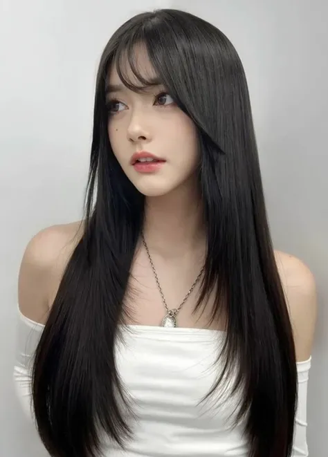 a woman with long black hair wearing a black top, she has black hair with bangs, long black hair with bangs, long dark hair with bangs, long hair with bangs, straight hairstyle, long straight bangs, long thin black hair, black hime cut hair, ulzzang, long ...