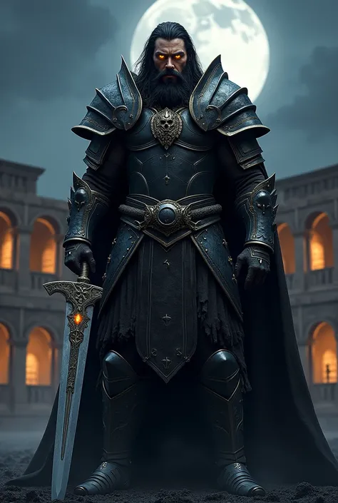 1man, extremely fit and muscular, massive muscles, handsome face, glowing yellow eyes, long hair, raven black hair, full beard, raven black beard, wearing wicked black armor elaborate nordic design, demon skull pauldrons, full articulated gauntlets, bear s...