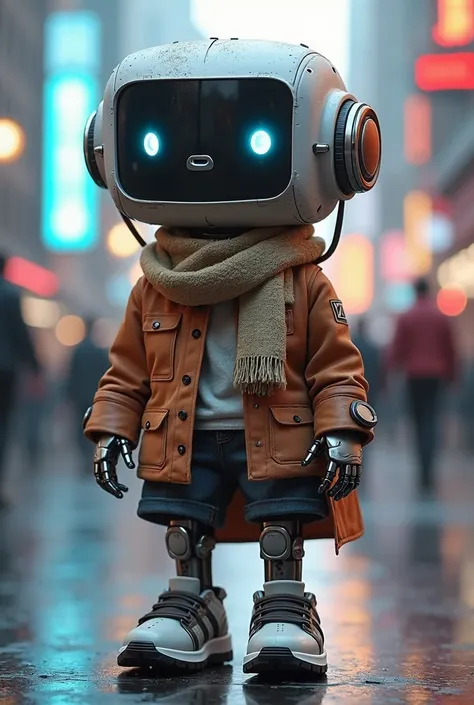 Create me a robot with a jacket and a chor and shoes that sings a song 