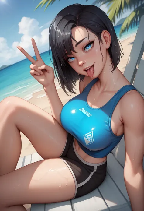 score_9, score_8_up, score_7_up, source_anime, best quality, clear face,skinny cool girl,black hair, blue eyes, medium hair, large breasts, perfect body, s, looking at viewer, lewd tongue out sexy, mini black shorts,blue shirt,summer, dynamic angle,two hai...