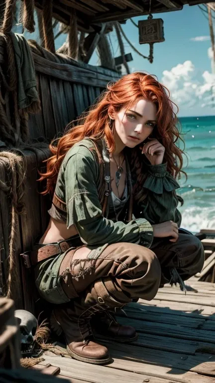 (Top Quality, 4K), Crouching pirate female with full body, Torn clothes revealing intricate details, Worn and dirty leather boots, Holding a full and detailed pirate rum bottle, Long wavy red hair, Serious and determined expression,

Inside an old and worn...