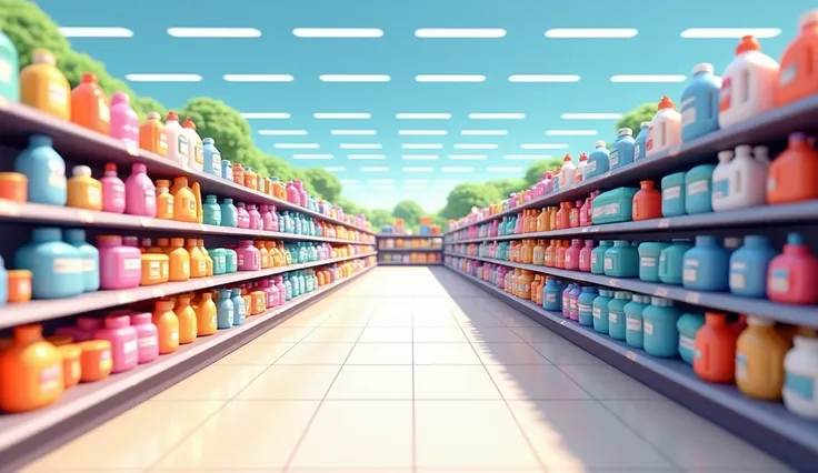 booths in the supermarket have shelves for laundry with a long aisle,   no people , 3d chibi animation style