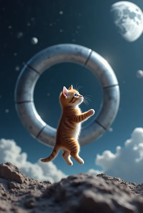 The cutest brown tiger pattern kitten in the world while spacewalking looking at the huge ring-shaped space station with a futuristic design floating near the moon、((Realistic:1.3))