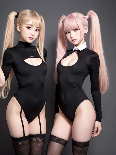  2 girls、1 has blond twin tails and slouched eyes 、 and the other has dark twin tails and saggy eyes、The physique is skinny and slender 、 they are both wearing pink leotards made of lace、Nipples and pubic hair are visible、 they have a lot of pubic hair 、We...