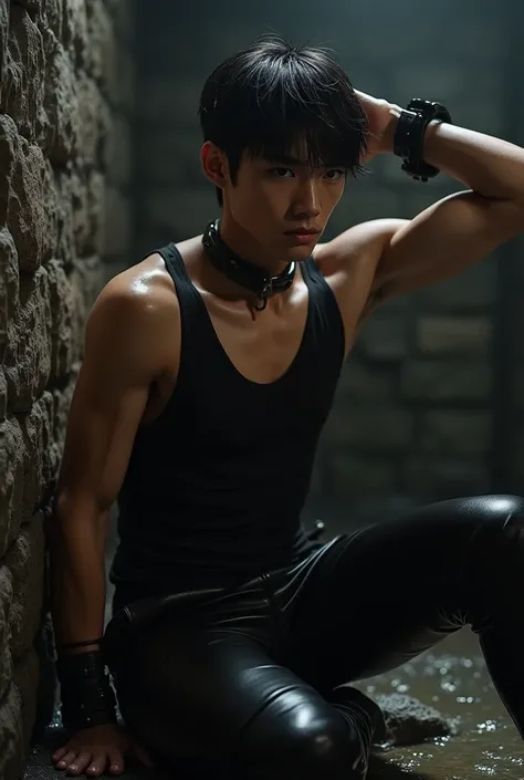 (((Skinny, fit, ripped, shirtless boy))), (((19 yo, slim, muscular, fit twink))), (((ripped sixpack))), wrists restrained by metal cuffs above his head, leaving him hanging and restrained , (((beautiful boy))), (((beautiful face, K-pop type))),  (((slim fi...