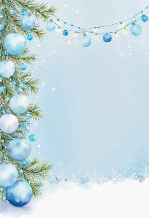 A magical, very bright, simple, beautiful, delicate Christmas card in light blue tones with a Christmas tree garland on the edge of one corner, decorated with Christmas balls and a luminous garland, on the right is a place for a text greeting, watercolor d...