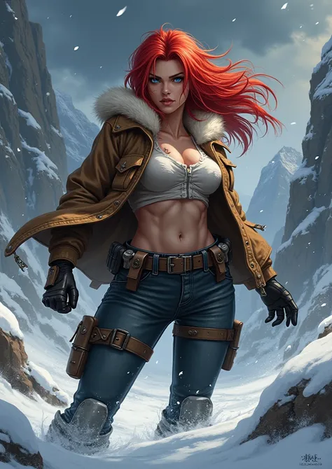 girl with red hair and a brown jacket, commission for high res, badass anime 8 k, official fanart, fanart, advanced digital anime art ”, epic style, winter concept art, guilty gear art style, sexy strong female, heroine, Christmas theme, massive breasts,