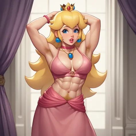 highly detailed, score_9, score_8_up, score_7_up, score_6_up, masterpiece:1.2, best quality, ((princess peach)), blonde hair, abs, excessive armpit hair, armpit peek, hairy stomach, ((excessive pubic hair)), abdominal hair, ((blonde body hair)), long hair,...