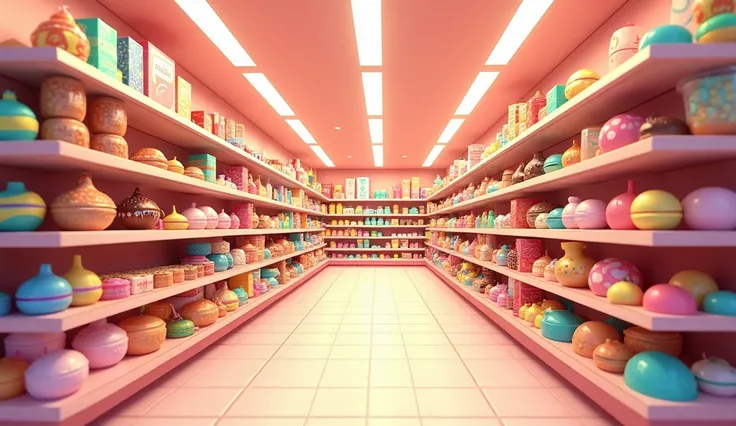 booths in the supermarket have shelves for confectionery with a long aisle,   no people , 3d chibi animation style