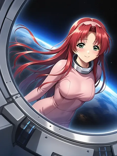 masterpiece, best quality, SetoAyano, 1girl, solo, long hair, red hair, green eyes, breasts, smile, blush, hairband, space suit dress, space station, in space station, gravure, cinematic angle,