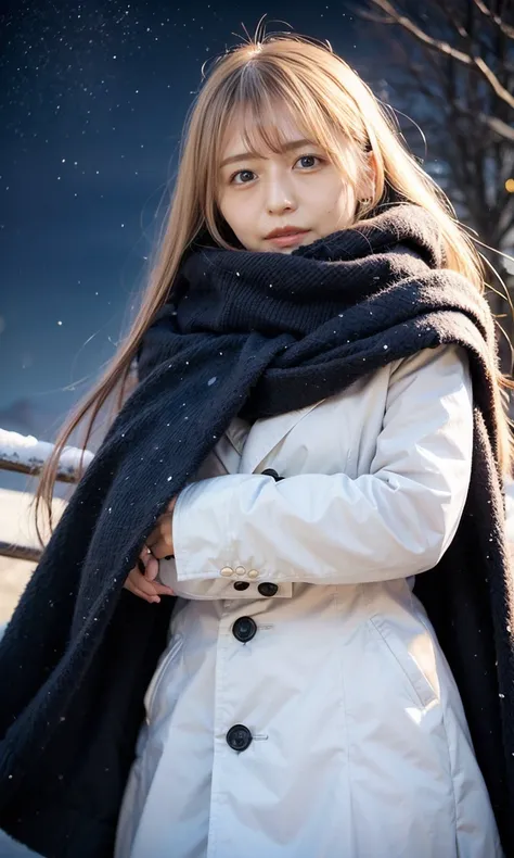 (   staring at something、Diamond dust flutters、クリーム色のhair、 Heavy snowfall area  、 snow is falling 、  blue eyes、  blue eyes、white winter clothes  、 watching the night sky in frigid regions 、Im wearing a fluffy red scarf、 her breath is white expression   、 w...