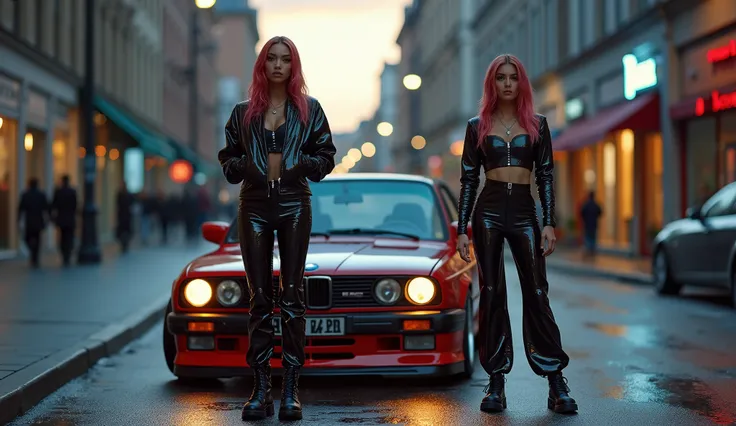 realistic photo , 2 cyberpunk woman standing , wearing shinny pvc jumpsuit , shinny pvc jacket , wearing shinny pvc thigh high boots , shinny pvc long gloves , in cyberpunk street at dusk with bmw m3 e30