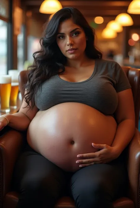 hyperpreg, full body view, Beautiful 1 latina girl with wavy long blsack hair, full lips, heavily pregnant with quintuplets sits at the counter in a beerhall, 20 empty pitchers on the counter, she has a incredible huge belly 1:5, 12 month pregnant, her bel...