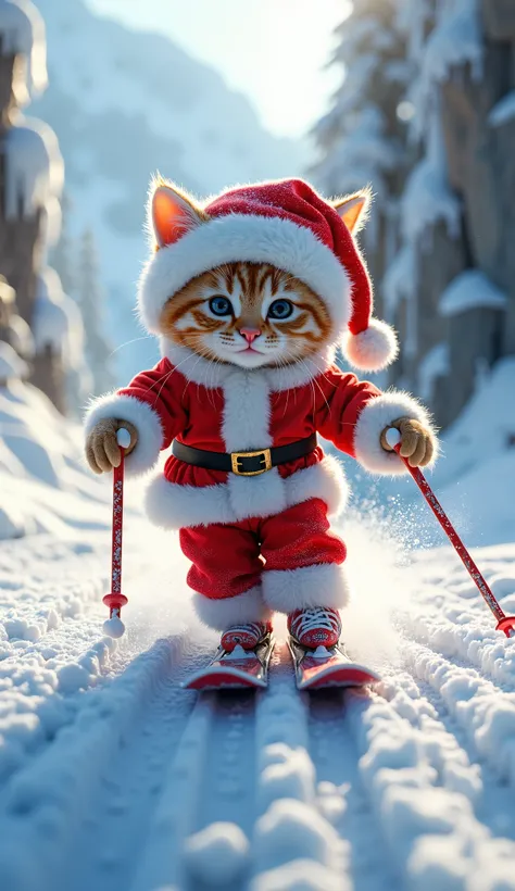 Realistic. Photorealistic. Image is vibrantly colored.
photo,Highly detailed

Expressive style. Photorealistic depiction of a kitten Santa Claus snowboarding down a mountain canyon covered in snow and ice.
Kitten Santa is wearing a classic red suit with wh...