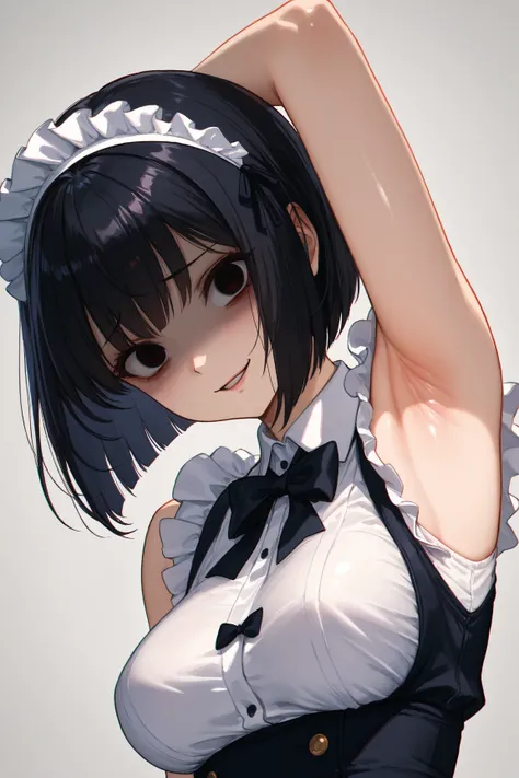 (masterprice, HDR, 2k, High Resolution) 1girl, bob cut, black hair, yandere girl, yandere expression, white appron, maid, short sleeveless, arm up, side armpits, zoom armpits, very detailed armpits, armpit crease, armpits detailed, shiny armpits, detailed ...