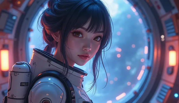 a highly detailed female astronaut in a fantasy anime-style space station, beautiful detailed face, long eyelashes, gorgeous eyes, slender figure, elegant pose, intricate machinery, futuristic technology, glowing lights, nebula clouds, cinematic lighting, ...