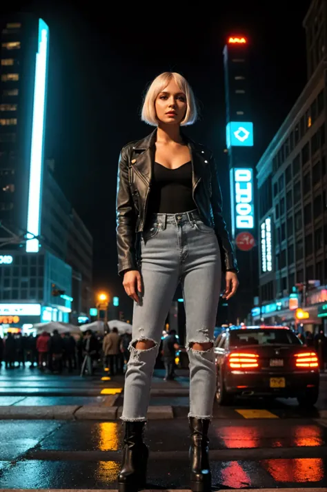 A detailed scene set in a cyberpunk city, with a futuristic urban environment filled with towering skyscrapers, neon-lit advertisements, and bustling streets. A young Ukrainian woman stands confidently on the sidewalk, dressed in a simple yet stylish outfi...