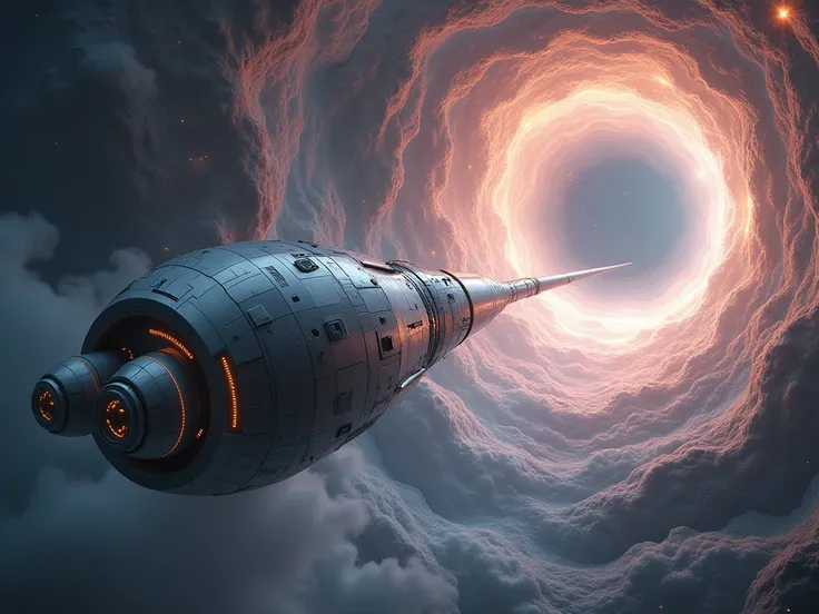 A futuristic mechanical space station in a shape like a penis and two testicles sacs is going into a galaxy vortex that looks like an ass hole.