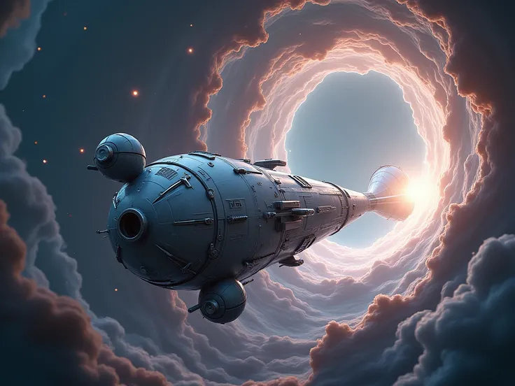 A futuristic mechanical space station in a shape like a penis and two testicles sacs is going into a galaxy vortex that looks like an ass hole.