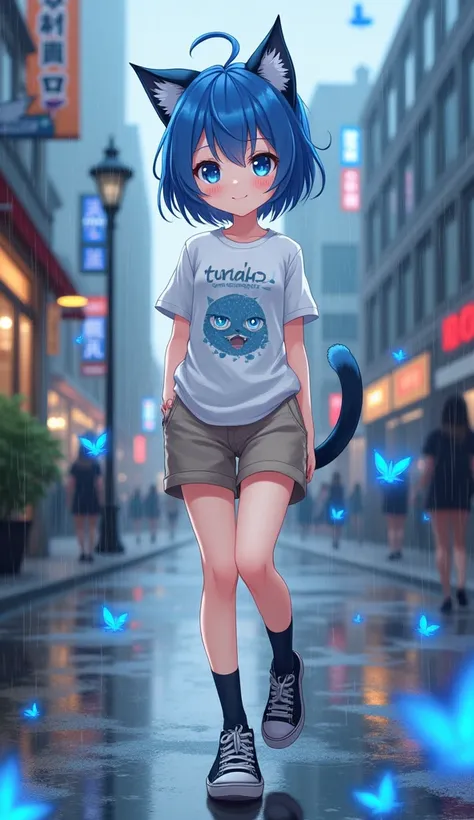 masterpiece,  top quality,  high definition ,  very detailed ,((( cute girl with blue hair ))), ((( Japanese anime ))), ((( short hair))), ((( white printed t-shirt ))), (((Khaki shorts))), (((Black socks))), ((( black sneakers ))), (((In a modern city )))...