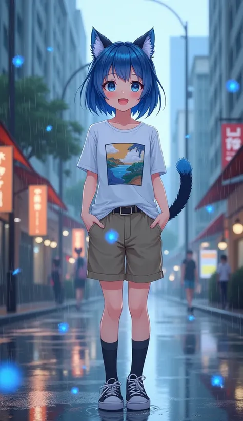 masterpiece,  top quality,  high definition ,  very detailed ,((( cute girl with blue hair ))), ((( Japanese anime ))), ((( short hair))), ((( white printed t-shirt ))), (((Khaki shorts))), (((Black socks))), ((( black sneakers ))), (((In a modern city )))...