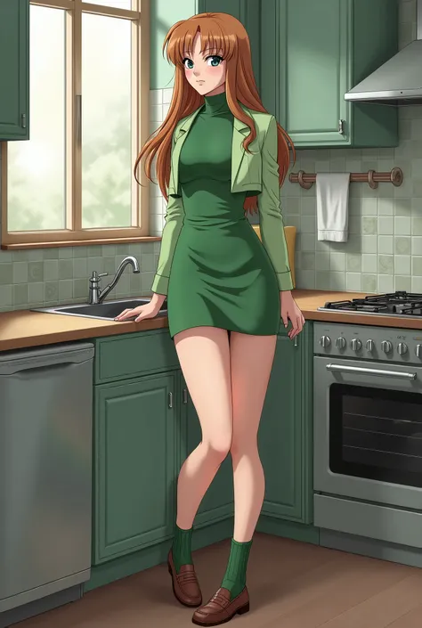 {{{mouri ran}}},{{{Detective Conan}}},{{{long hair}}},{{{official style}}},{{{adult}}},green dress,one-piece dress,turtleneck,green mini tightskirt, {light green cropped short jacket},green socks,brown leather loafers,sink,laundry,kitchen,bringing upper bo...