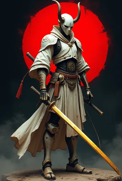 A full body image of a samurai robot,slim body,old armor,classic samurai armor,oni mask, half-human,  carrying a katana, long golden katana. made with anime lines, samurai robot white armor, black and redbbackground, 