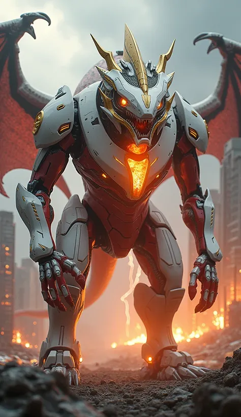 A giant futuristic robotic dragon, the body of the futuristic robotic dragon would be white and red, some yellow details and lights spread across the body, some golden details spread across the body, futuristic design, futuristic imposing design, wide shou...