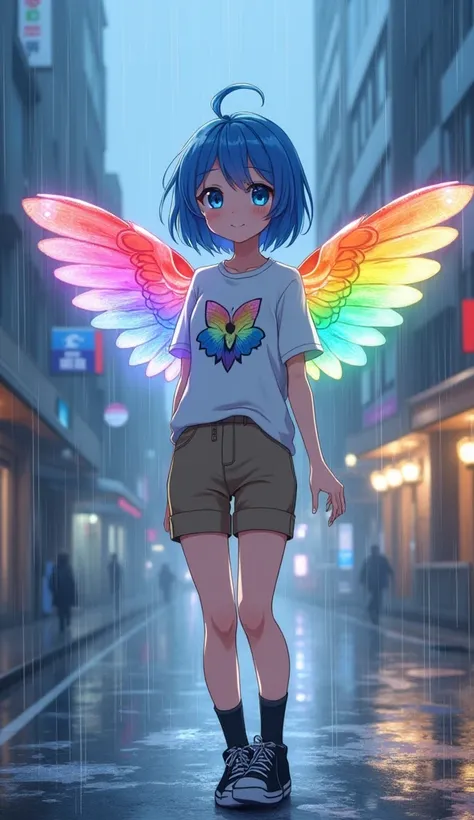 masterpiece,  top quality,  high definition ,  very detailed ,((( cute girl with blue hair ))), ((( Japanese anime ))), ((( short hair))), ((( white printed t-shirt ))), (((Khaki shorts))), (((Black socks))), ((( black sneakers ))), (((In a modern city )))...