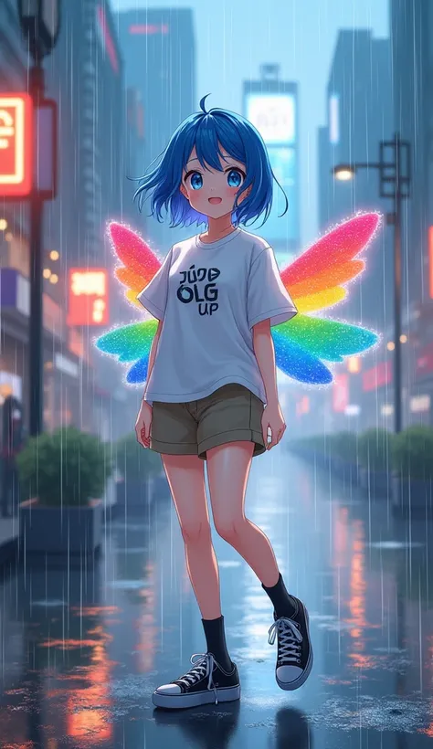 masterpiece,  top quality,  high definition ,  very detailed ,((( cute girl with blue hair ))), ((( Japanese anime ))), ((( short hair))), ((( white printed t-shirt ))), (((Khaki shorts))), (((Black socks))), ((( black sneakers ))), (((In a modern city )))...