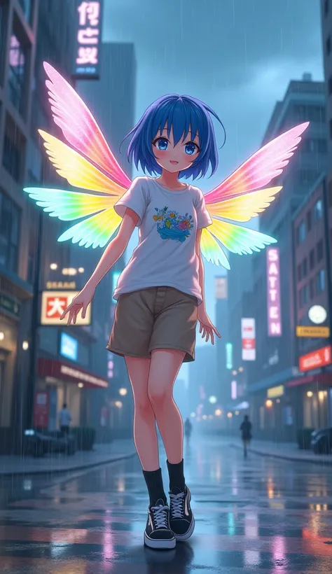 masterpiece,  top quality,  high definition ,  very detailed ,((( cute girl with blue hair ))), ((( Japanese anime ))), ((( short hair))), ((( white printed t-shirt ))), (((Khaki shorts))), (((Black socks))), ((( black sneakers ))), (((In a modern city )))...