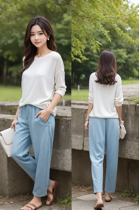 fashion brand, ladies casual fashion. Casual, elegant, comfort, modern, nature-inspired. could you give me a knit for the top and linen/cotton for the pant,  different style (women casual elegant cloth), but keep on the color, fabric, pattern, model. (fron...