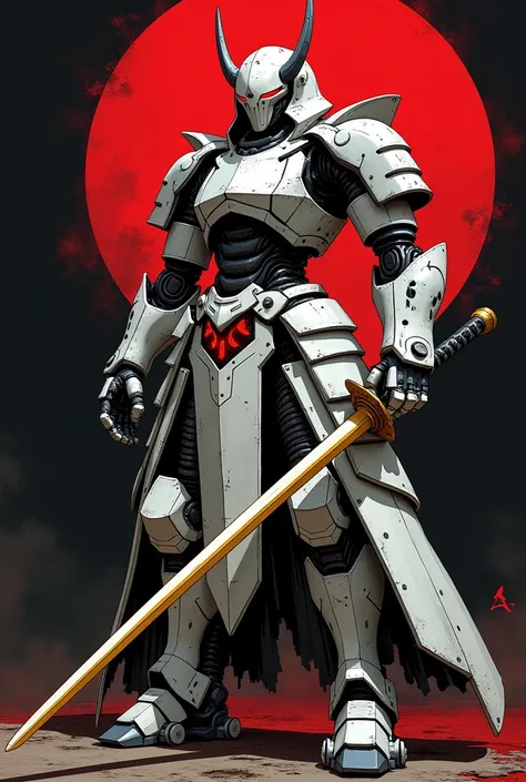 A full body image of a samurai robot,slim body,old armor,classic samurai armor,oni mask, half-human,  carrying a katana, long golden katana. made with anime lines, samurai robot white armor, black and redbbackground, open chest robot, damage battle, 