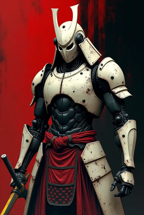 A full body image of a samurai robot,slim body,old armor,classic samurai armor,oni mask, half-human,  carrying a katana, long golden katana. made with anime lines, samurai robot white armor, black and redbbackground, open chest robot, damage battle, 