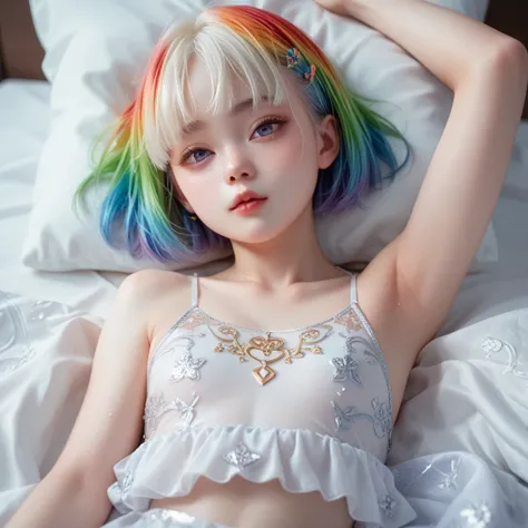 A Korean girl lying on a bed,  Very pretty short rainbow hair,  extremely small breasts,  very small and thin body, slightly marked bones , Small angelic face, She is very thin and small, very fine features and white skin , 8k super detailed, wearing silk ...